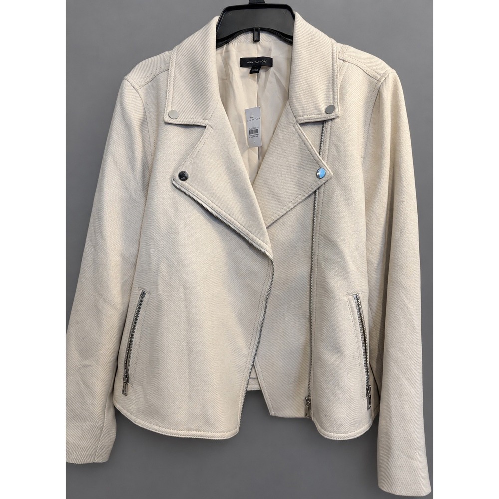 Ann Taylor Ivory Moto Jacket L Textured Zip Biker Career Quiet Luxury NWT